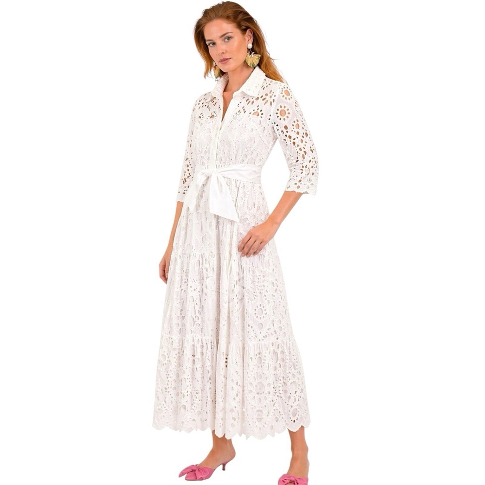 Gretchen Scott Little Bo Peep Dress White Eyelet Midi Belted 80%Wool 20%Silk. S